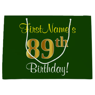 Elegant, Green, Faux Gold 89th Birthday + Name Large Gift Bag