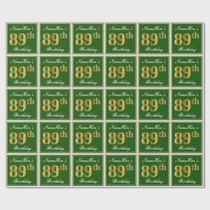 Elegant, Green, Faux Gold 89th Birthday + Name Wrapping Paper