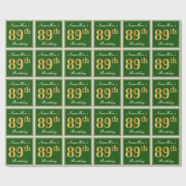 Elegant, Green, Faux Gold 89th Birthday + Name Wrapping Paper (Flat)