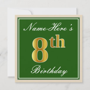 Elegant, Green, Faux Gold 8th Birthday + Name Invitation