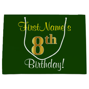 Elegant, Green, Faux Gold 8th Birthday + Name Large Gift Bag