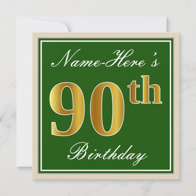 Elegant, Green, Faux Gold 90th Birthday + Name Invitation (Front)