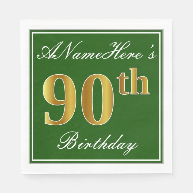 Elegant Green, Faux Gold 90th Birthday + Name Napkin (Front)
