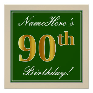 Elegant, Green, Faux Gold 90th Birthday + Name Poster
