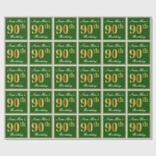 Elegant, Green, Faux Gold 90th Birthday + Name Wrapping Paper