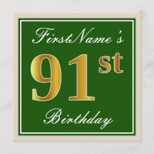 Elegant, Green, Faux Gold 91st Birthday + Name Invitation