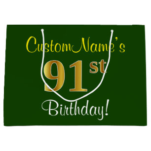 Elegant, Green, Faux Gold 91st Birthday + Name Large Gift Bag