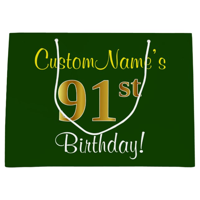 Elegant, Green, Faux Gold 91st Birthday + Name Large Gift Bag (Front)