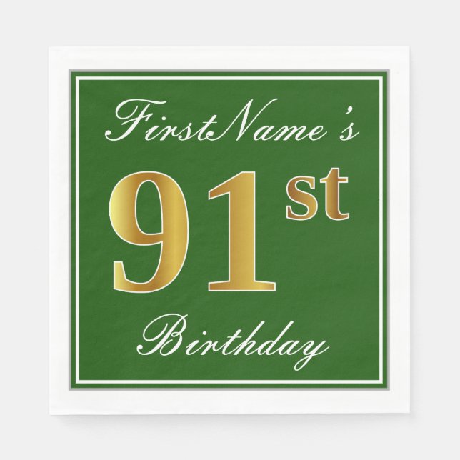 Elegant Green, Faux Gold 91st Birthday + Name Napkin (Front)