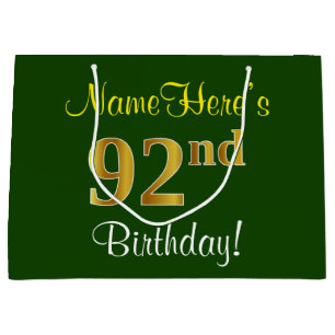 Elegant, Green, Faux Gold 92nd Birthday + Name Large Gift Bag