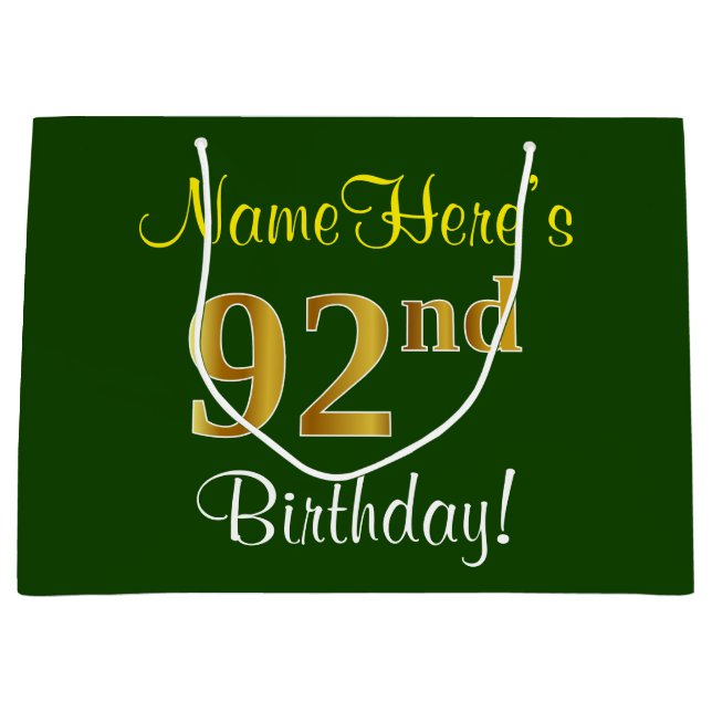 Elegant, Green, Faux Gold 92nd Birthday + Name Large Gift Bag (Front)