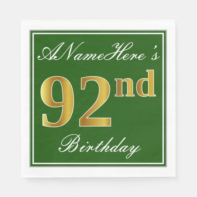 Elegant Green, Faux Gold 92nd Birthday + Name Napkin (Front)