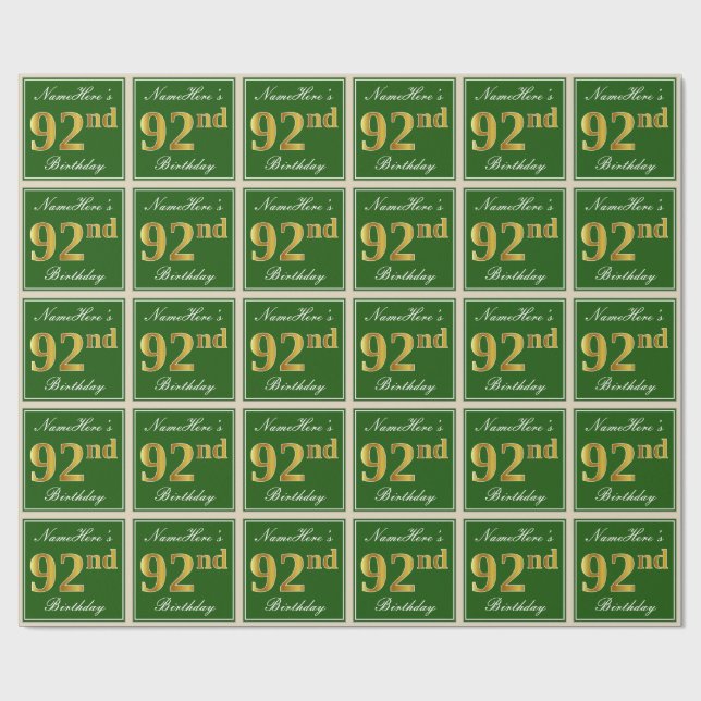 Elegant, Green, Faux Gold 92nd Birthday + Name Wrapping Paper (Flat)