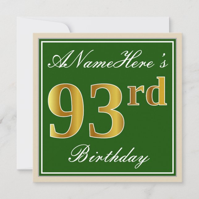 Elegant, Green, Faux Gold 93rd Birthday + Name Invitation (Front)