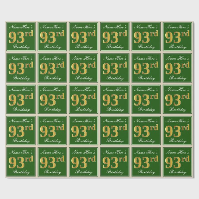Elegant, Green, Faux Gold 93rd Birthday + Name Wrapping Paper (Flat)