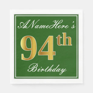 Elegant Green, Faux Gold 94th Birthday + Name Napkin