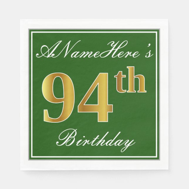 Elegant Green, Faux Gold 94th Birthday + Name Napkin (Front)