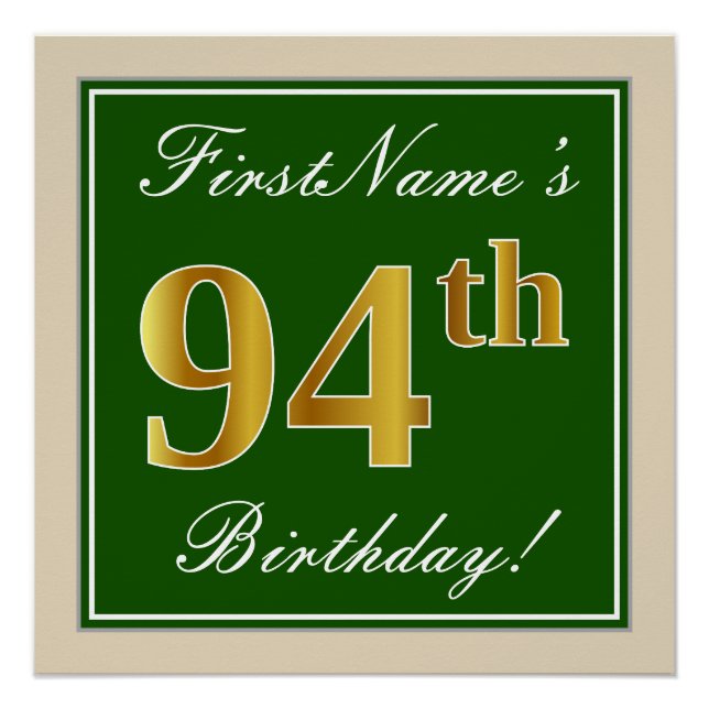 Elegant, Green, Faux Gold 94th Birthday + Name Poster (Front)
