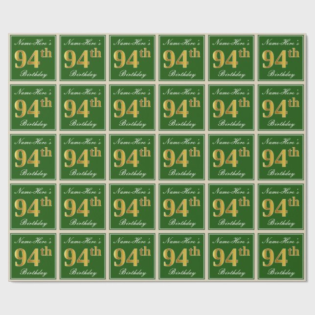 Elegant, Green, Faux Gold 94th Birthday + Name Wrapping Paper (Flat)