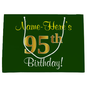 Elegant, Green, Faux Gold 95th Birthday + Name Large Gift Bag