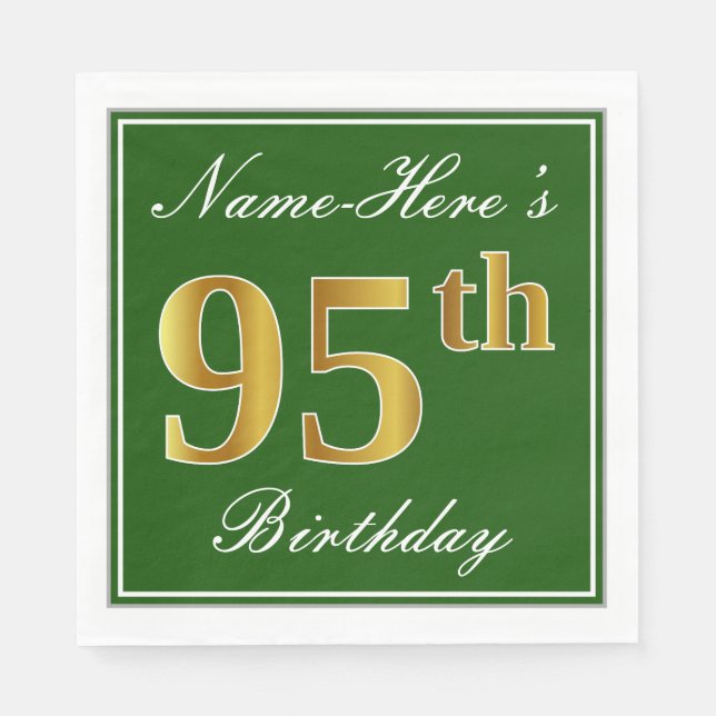 Elegant Green, Faux Gold 95th Birthday + Name Napkin (Front)