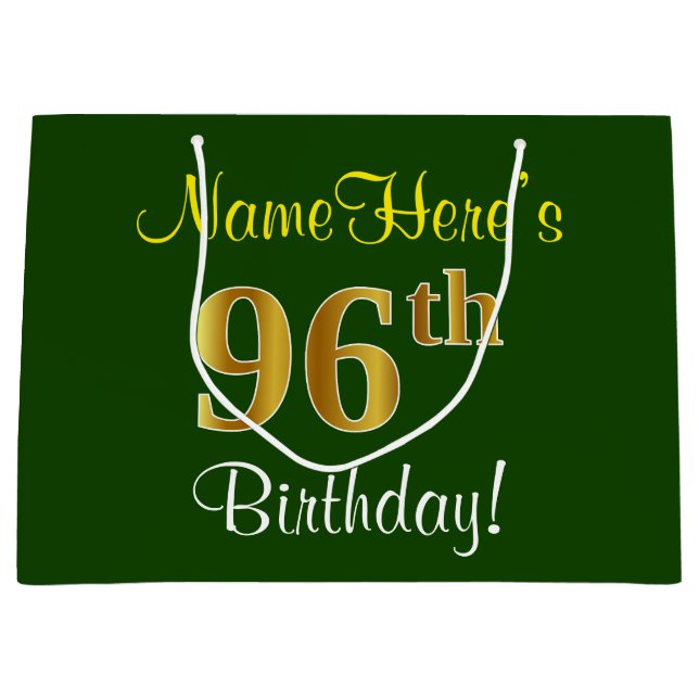 Elegant, Green, Faux Gold 96th Birthday + Name Large Gift Bag (Front)
