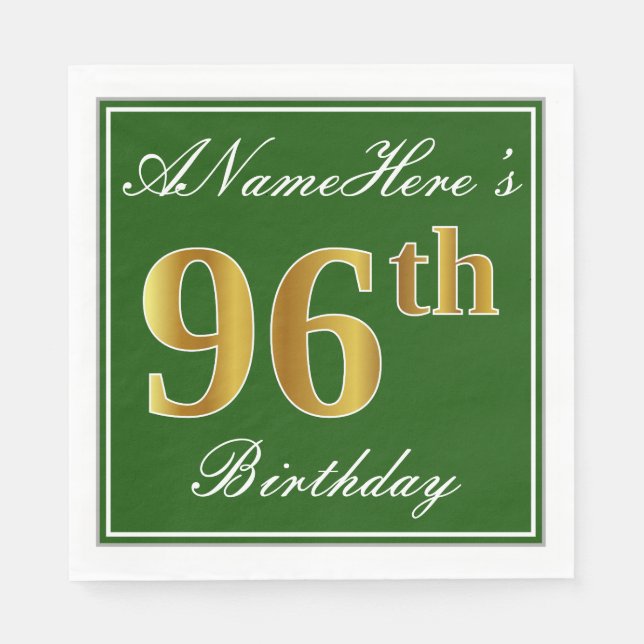 Elegant Green, Faux Gold 96th Birthday + Name Napkin (Front)