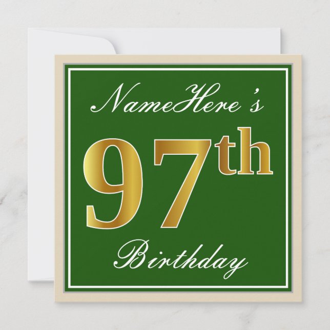 Elegant, Green, Faux Gold 97th Birthday + Name Invitation (Front)