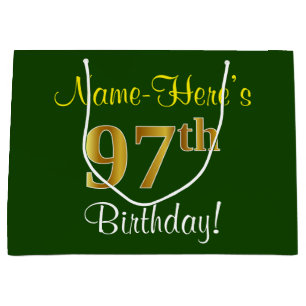 Elegant, Green, Faux Gold 97th Birthday + Name Large Gift Bag