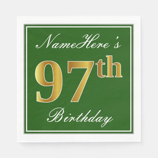Elegant Green, Faux Gold 97th Birthday + Name Napkin (Front)