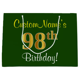 Elegant, Green, Faux Gold 98th Birthday + Name Large Gift Bag