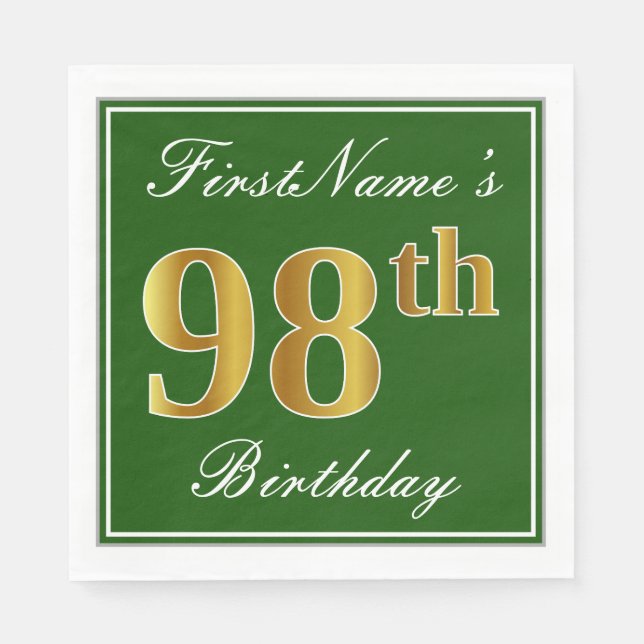 Elegant Green, Faux Gold 98th Birthday + Name Napkin (Front)