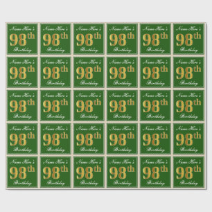 Elegant, Green, Faux Gold 98th Birthday + Name Wrapping Paper