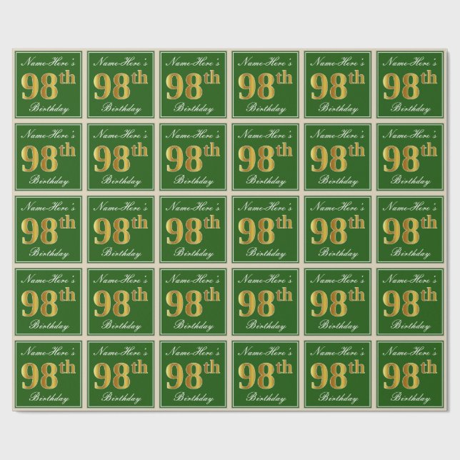 Elegant, Green, Faux Gold 98th Birthday + Name Wrapping Paper (Flat)