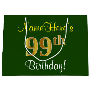 Elegant, Green, Faux Gold 99th Birthday + Name Large Gift Bag