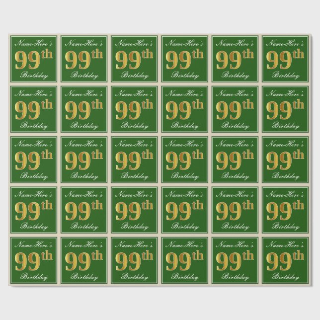 Elegant, Green, Faux Gold 99th Birthday + Name Wrapping Paper (Flat)