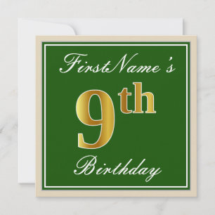 Elegant, Green, Faux Gold 9th Birthday + Name Invitation