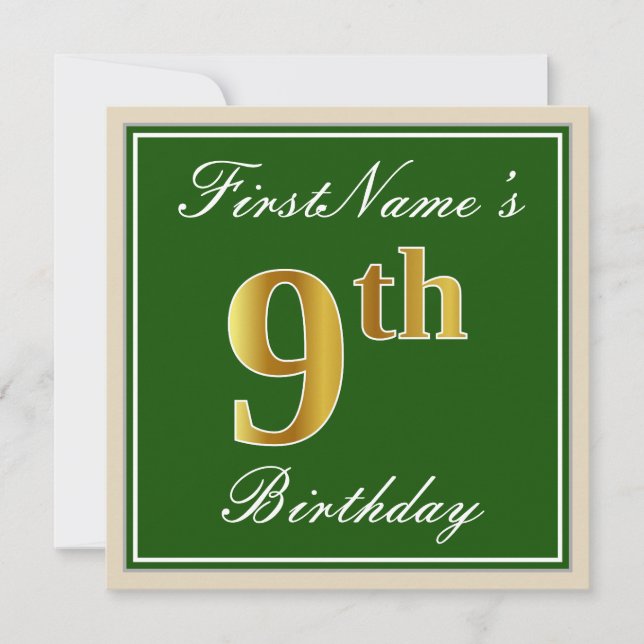 Elegant, Green, Faux Gold 9th Birthday + Name Invitation (Front)