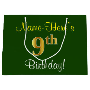 Elegant, Green, Faux Gold 9th Birthday + Name Large Gift Bag