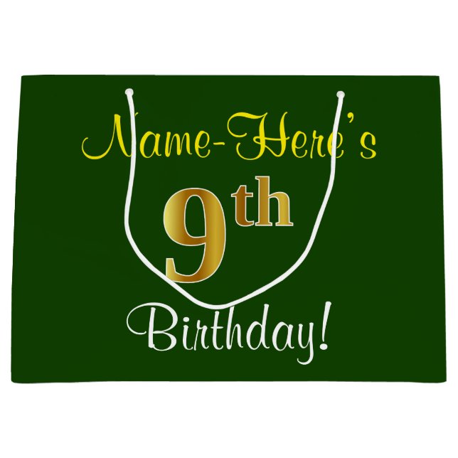 Elegant, Green, Faux Gold 9th Birthday + Name Large Gift Bag (Front)