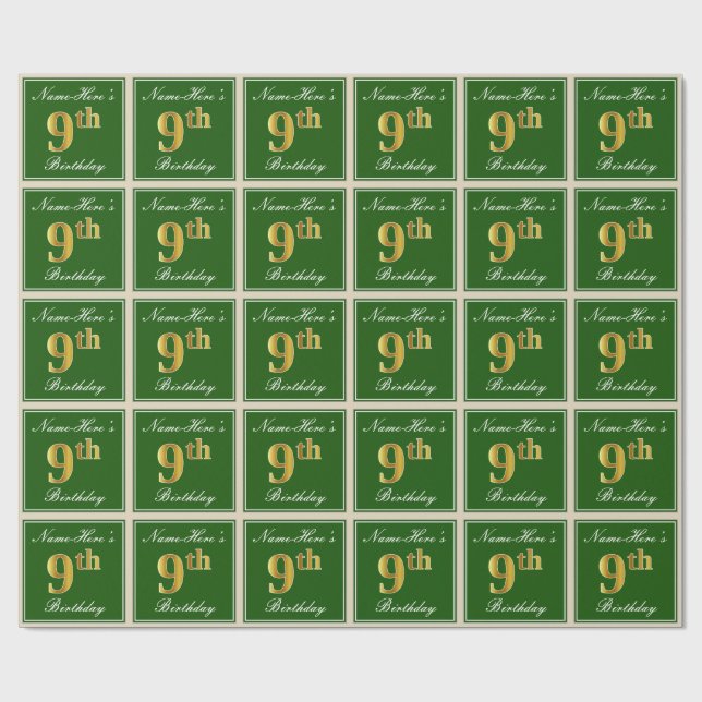 Elegant, Green, Faux Gold 9th Birthday + Name Wrapping Paper (Flat)