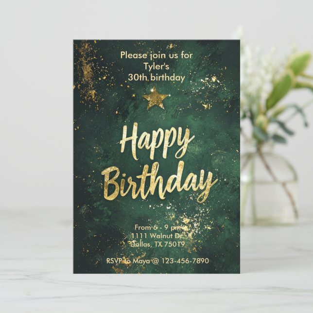 Elegant Green & Faux Gold Birthday Invitation (Standing Front)