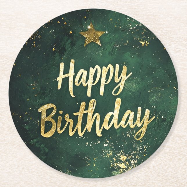 Elegant Green & Faux Gold Birthday Paper Coaster (Front)
