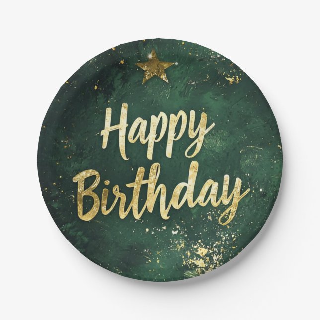 Elegant Green & Faux Gold Birthday Paper Plates (Front)