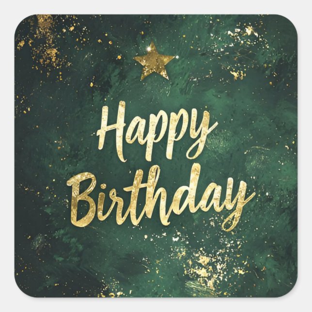 Elegant Green & Faux Gold Birthday  Square Sticker (Front)