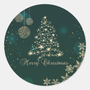 Elegant Green,Faux Gold Christmas Tree,Snowflakes Classic Round Sticker