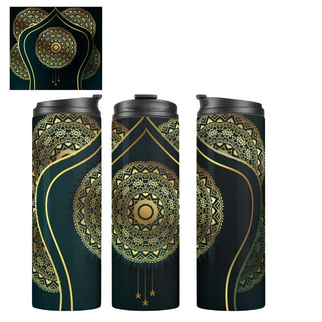  Elegant Green Faux Gold Mandala Thermal Tumbler (Beautiful elegant mandala for friends or bridesmaids gifts.  )
