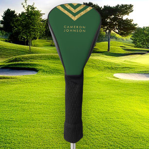 Elegant Green Faux Gold Name Chevron Geometric Golf Head Cover