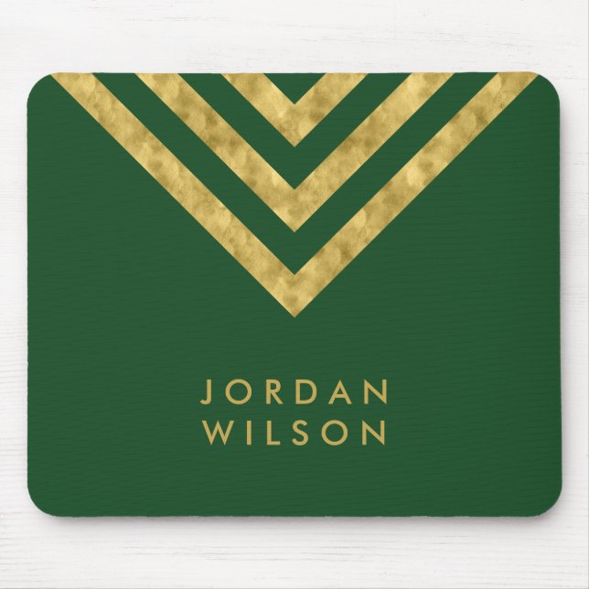 Elegant Green Faux Gold Name Chevron Geometric Mouse Mat (Front)