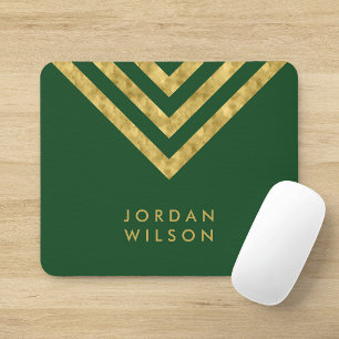 Elegant Green Faux Gold Name Chevron Geometric Mouse Mat
